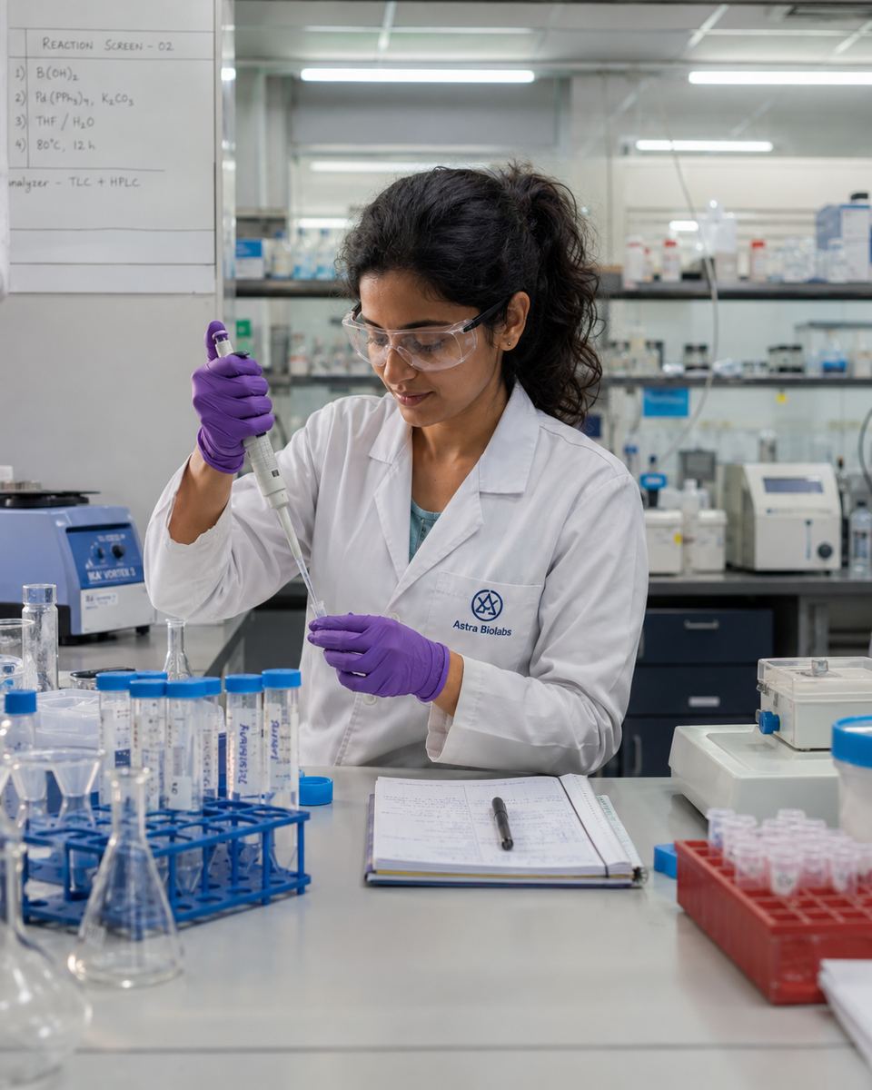 Ananya pipetting at the bench in an Astra Biolabs lab