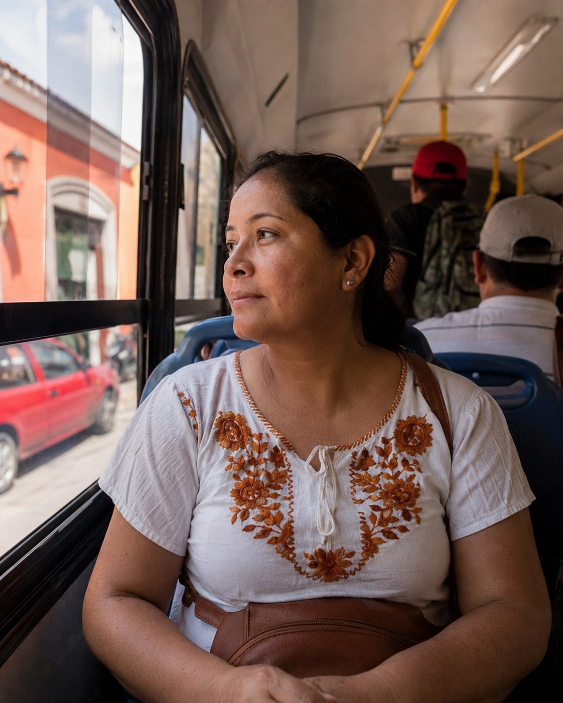 A woman looking out of a bus window in Mexico