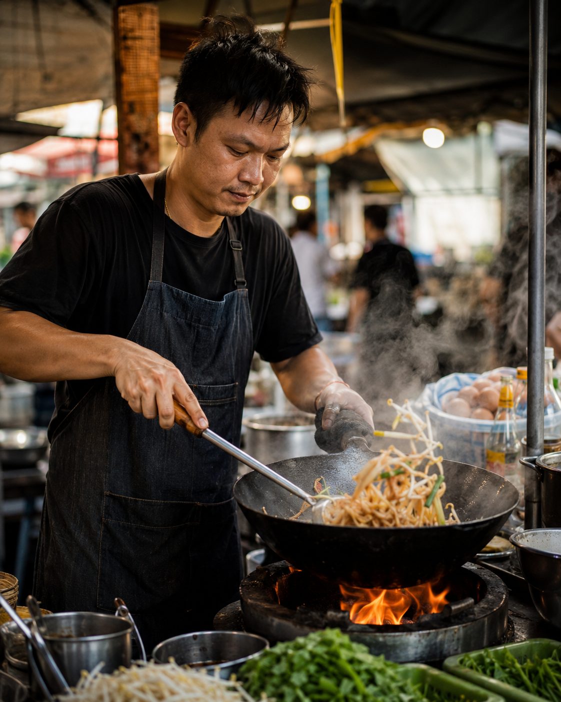 A street chef tossing noodles in a wok in Bangkok