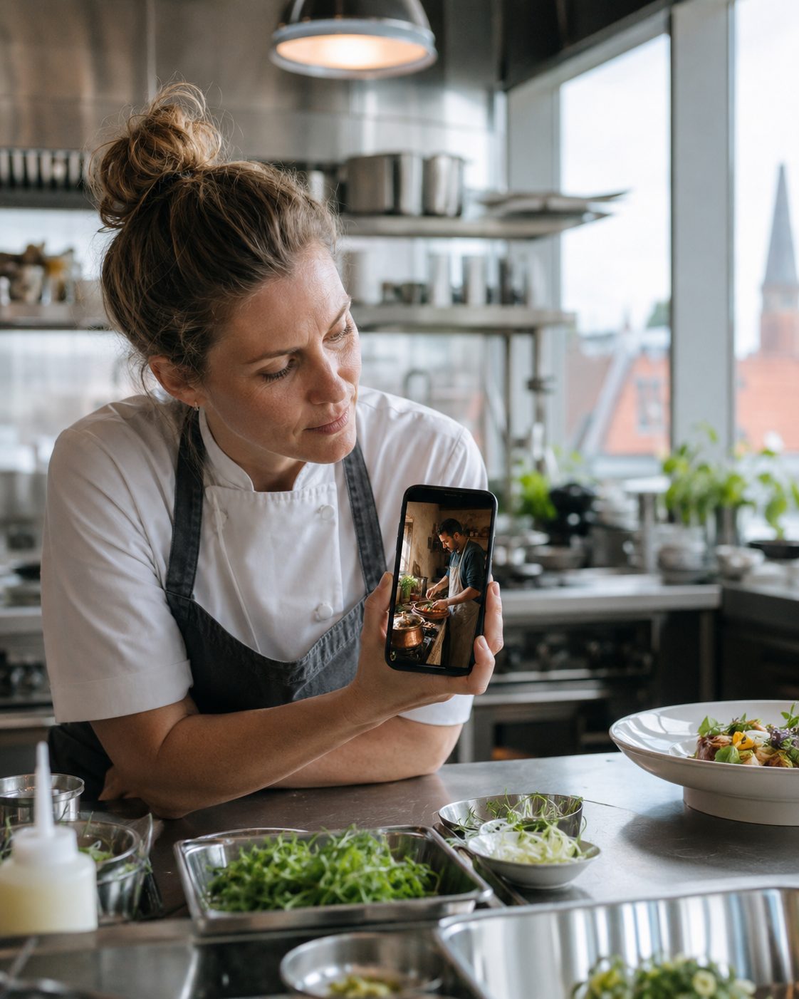 A chef watching someone else’s kitchen on her phone