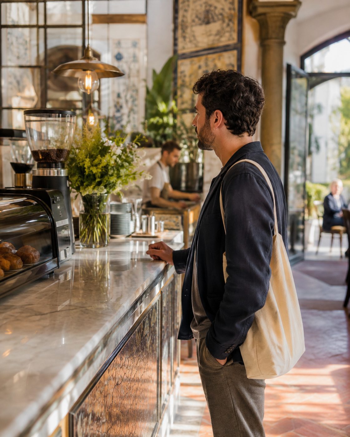 A man waiting for coffee at a marble cafe counter in Spain