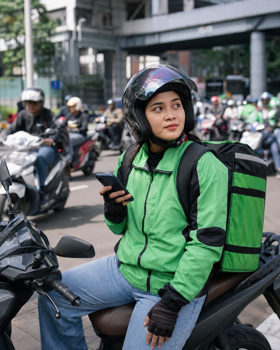 A delivery rider checking her phone on a scooter