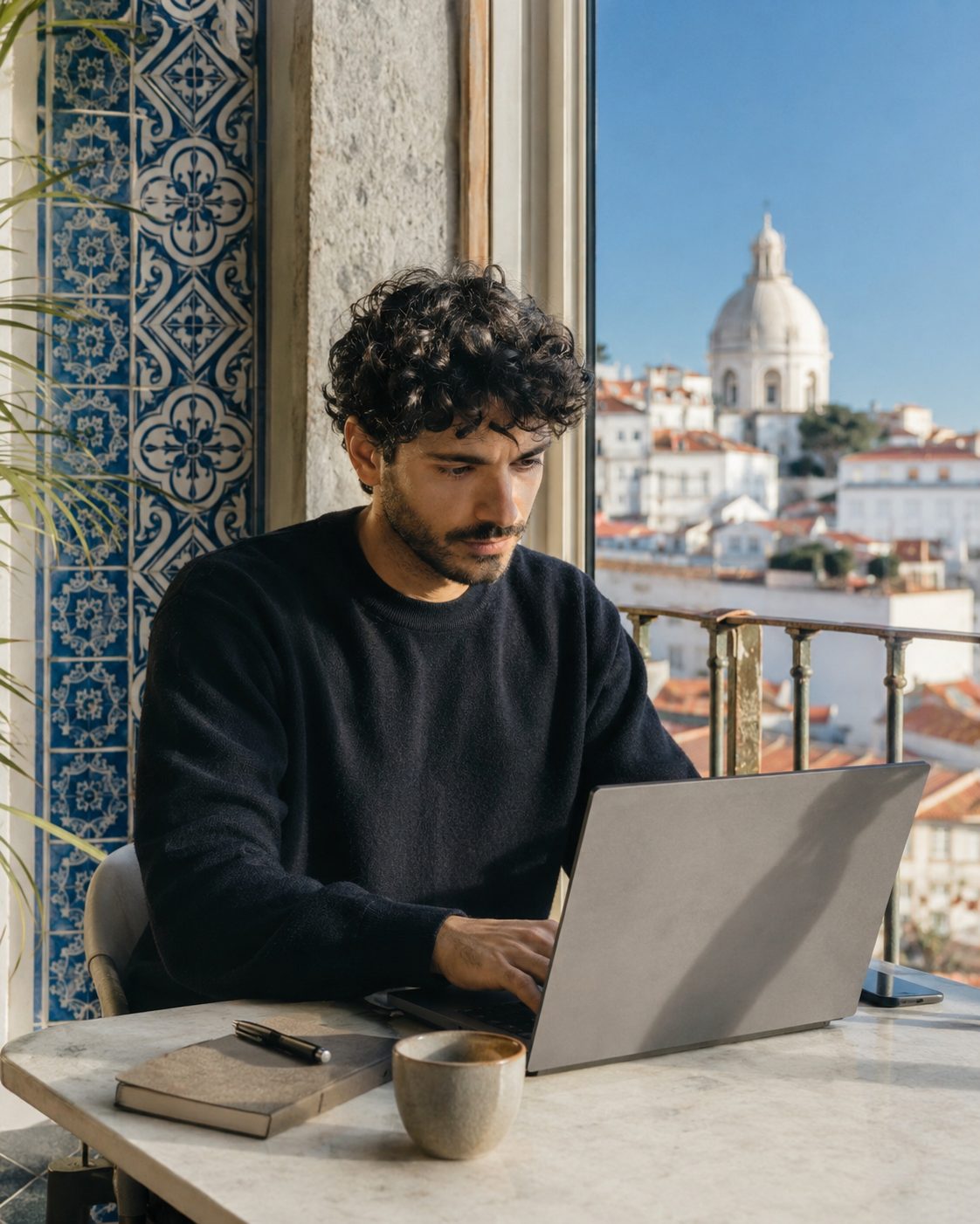 A remote designer working at a laptop overlooking Lisbon