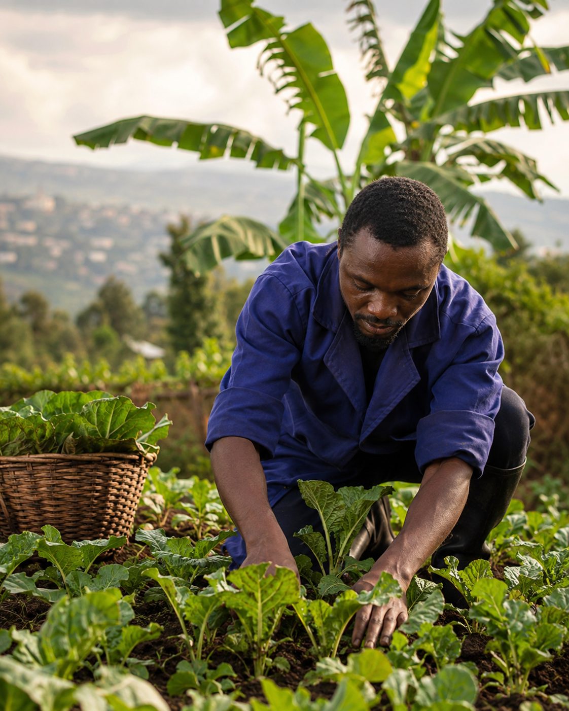 A farmer tending greens on a hillside in Kigali, Rwanda