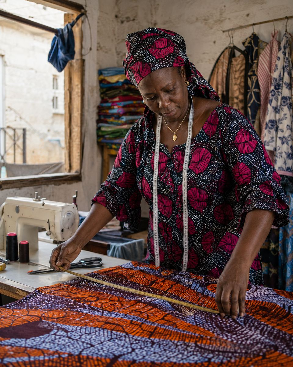 A seamstress measuring patterned fabric at her workbench