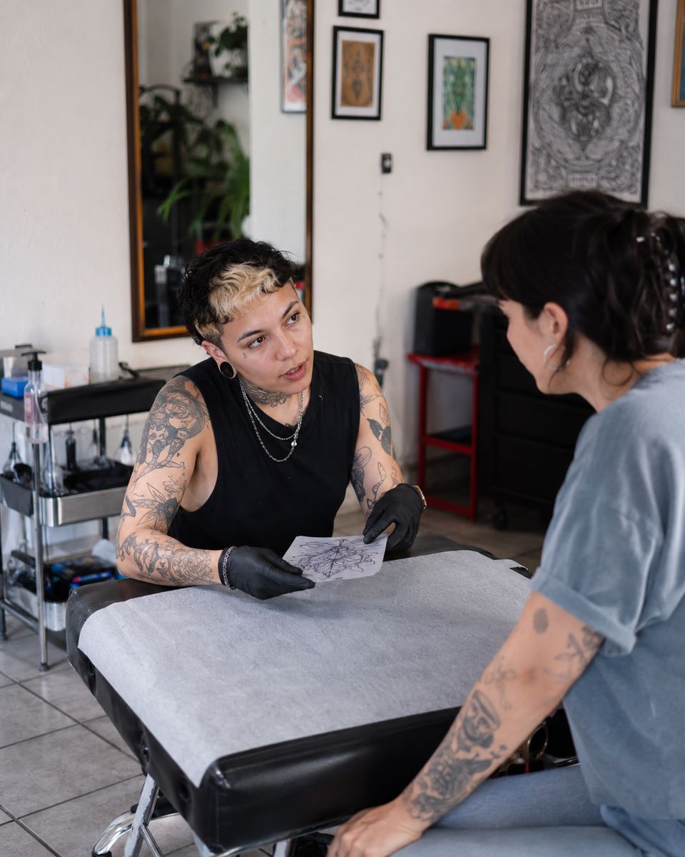 A tattoo artist showing a stencil to a client