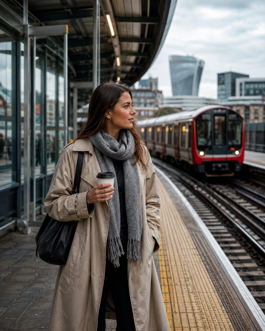A woman waiting on a London Underground platform