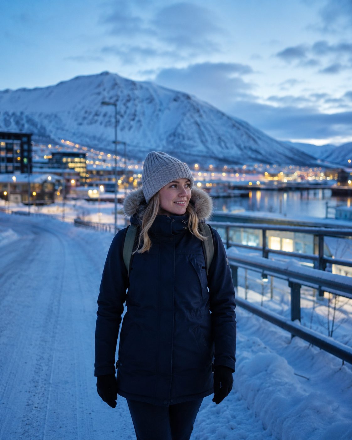 A woman on a snowy evening walk in Norway