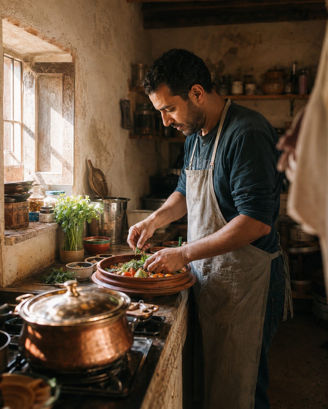 Youssef cooking a stew in a sunlit kitchen